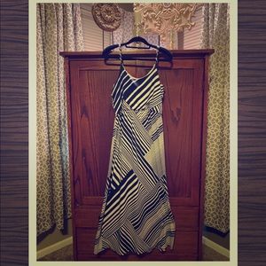 Navy blue and white striped maxi dress